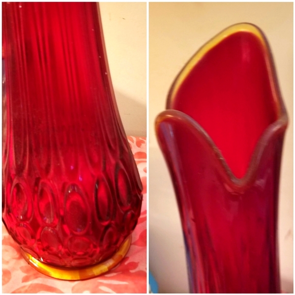 Vintage MCM 22" H RED L E SMITH SWUNG GLASS VASE yellow anberina base & top - Picture 6 of 6